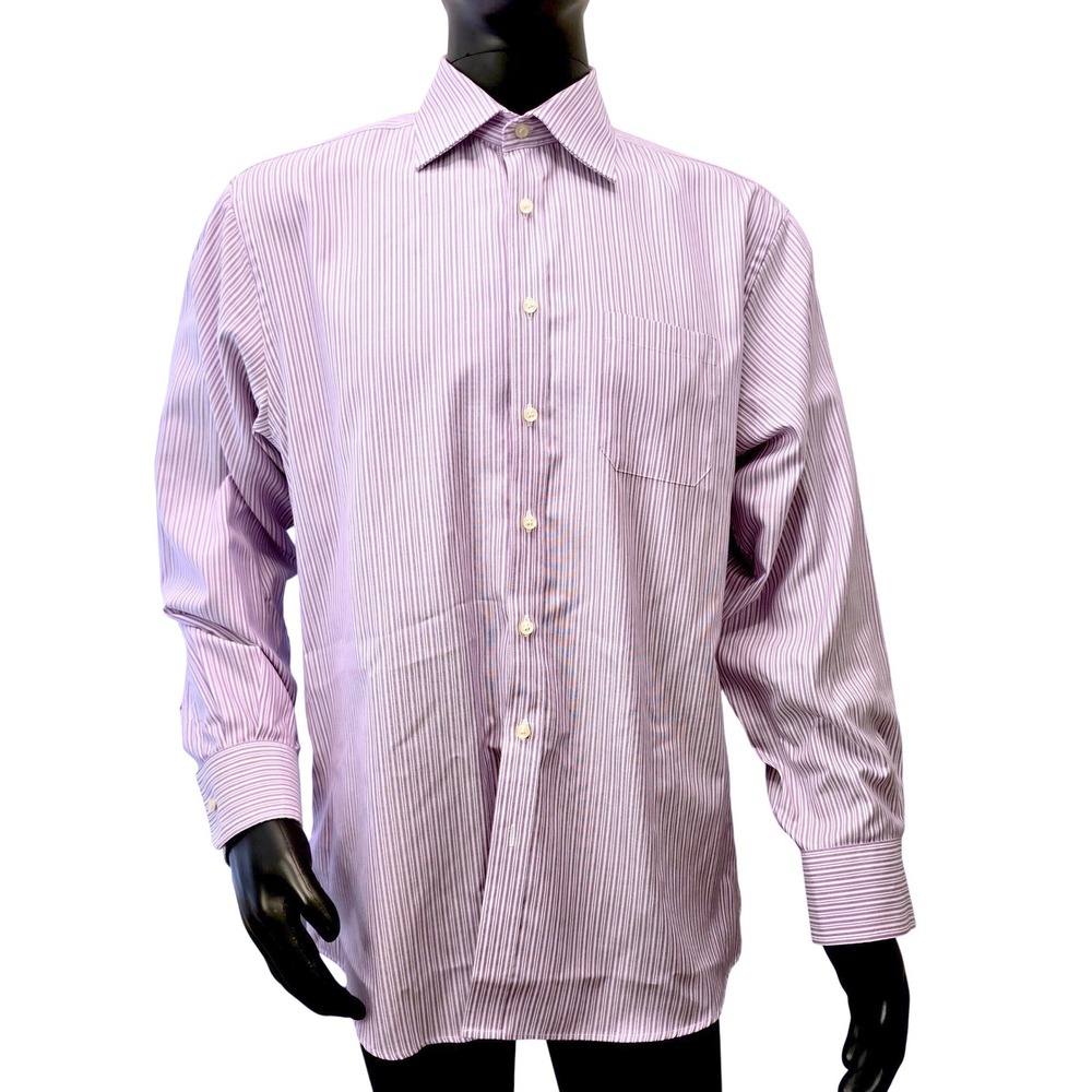 Thomas Pink Slim Fit Traveller Dress Shirt Mens 17 43 Purple Stripe Cotton Slay